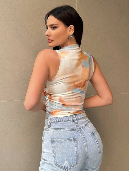 Tie Dye Mesh High Neck Sleeveless Tank Top