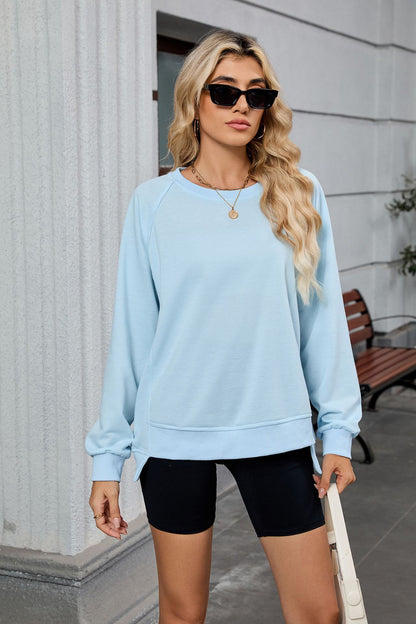 Women Oversized Crewneck Sweatshirt Long Sleeve Side Slit