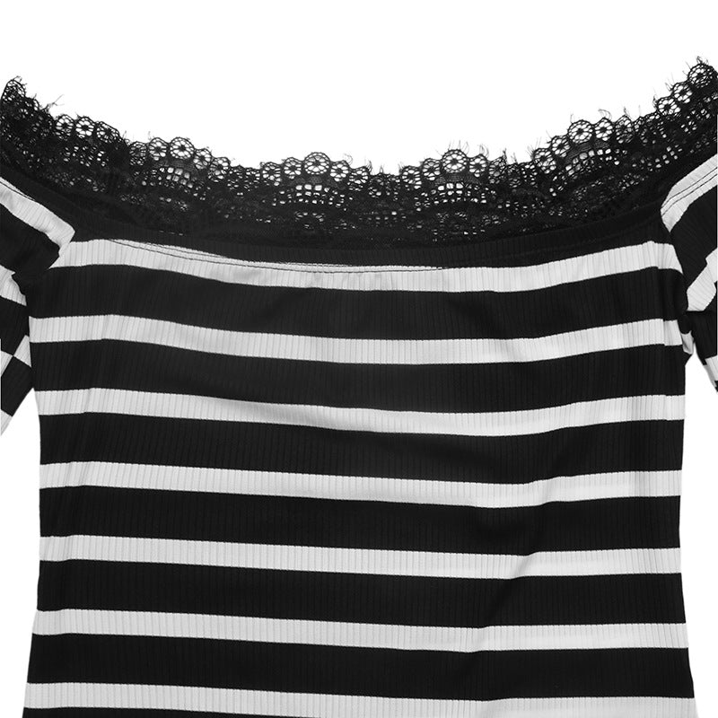 Striped Off Shoulder Top Lace Trim Slim Fit