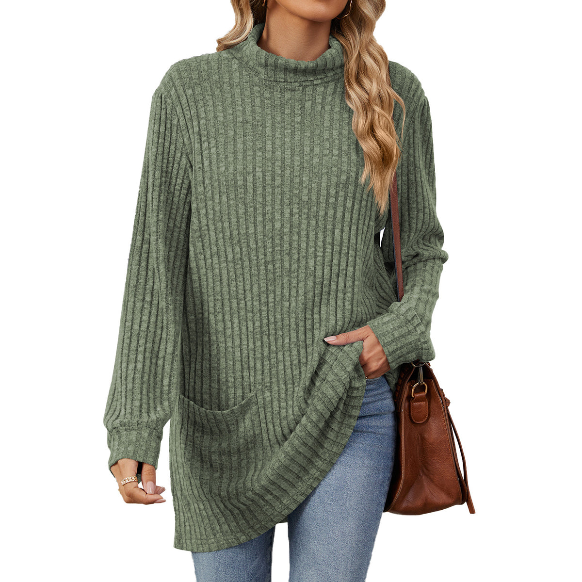 Women's Oversized Ribbed Mock Neck Tunic with Pockets