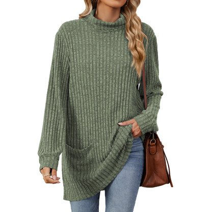 Women's Oversized Ribbed Mock Neck Tunic with Pockets