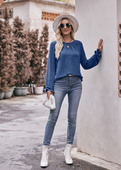Round Neck Pleated Long Sleeve Brushed Knit Top