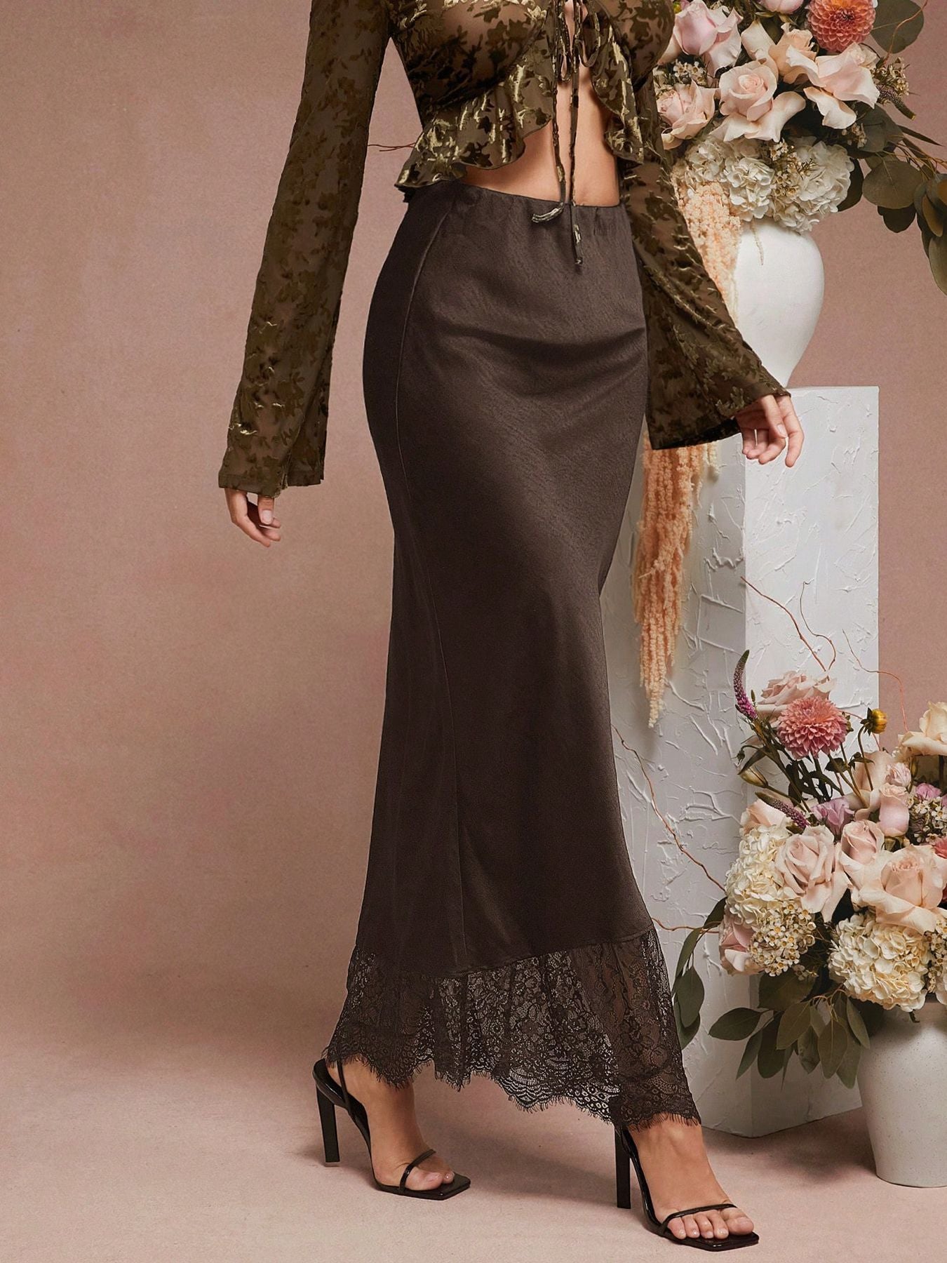 Acetate Satin Mermaid Skirt Lace Trim Mid-Length Elegant Dress