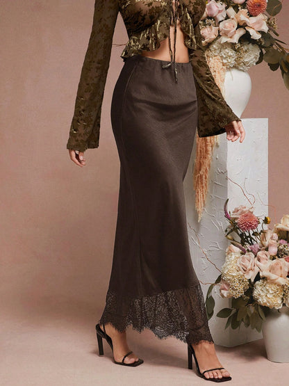 Acetate Satin Mermaid Skirt Lace Trim Mid-Length Elegant Dress