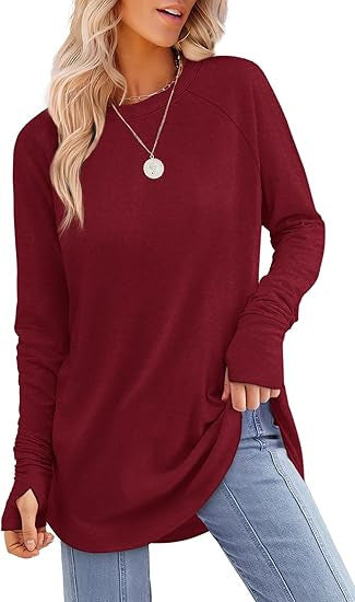 Women's Oversized Raglan Thumb Hole Long Sleeve Tunic Top