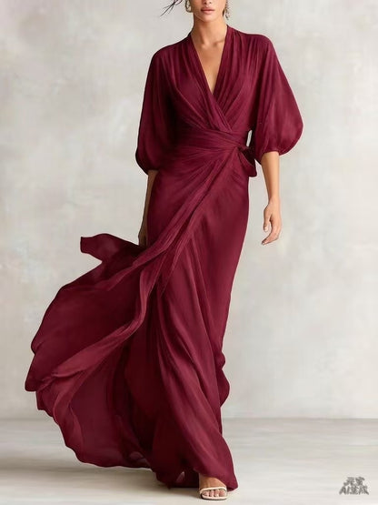 Elegant Deep V-Neck Lantern Sleeve Wrap Maxi Dress