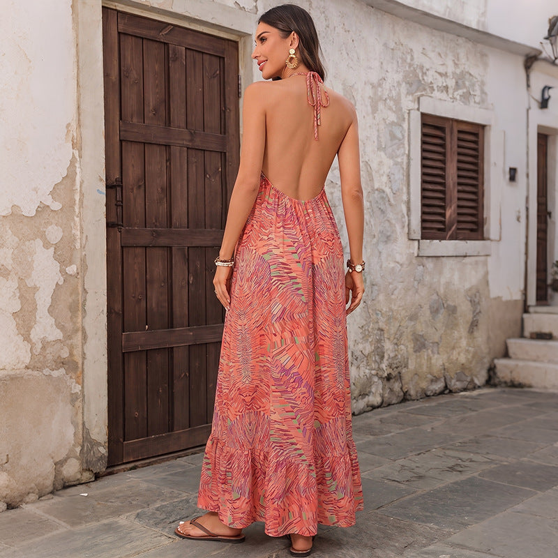 Boho Abstract Print Halter Maxi Dress Backless Resort Dress