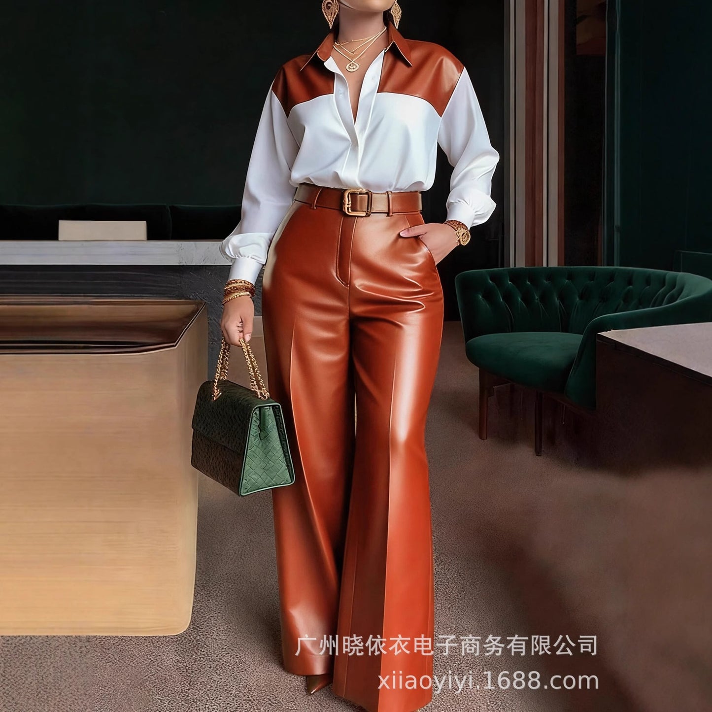 Color Block Shirt Faux Leather Wide Leg Pants Belted Set