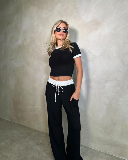 Ribbed Contrast Trim Crop Top Wide Leg Pants Set