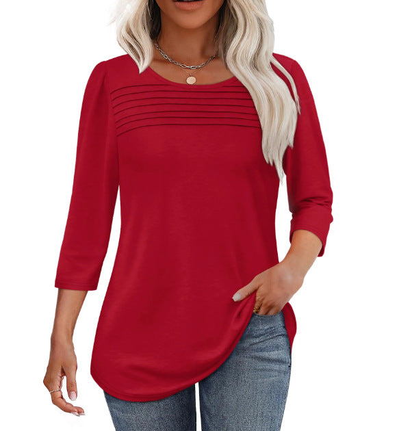 Women's Long Sleeve Crew Neck Pleated Casual Top
