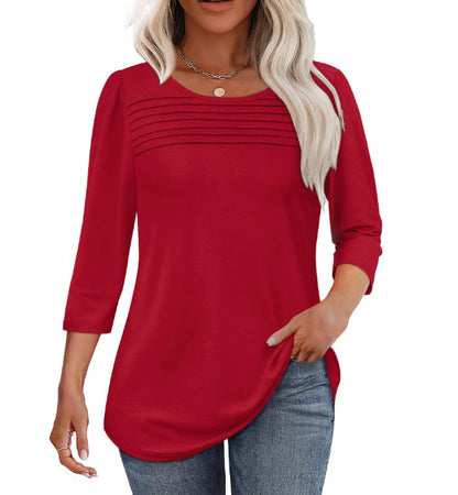 Women's Long Sleeve Crew Neck Pleated Casual Top
