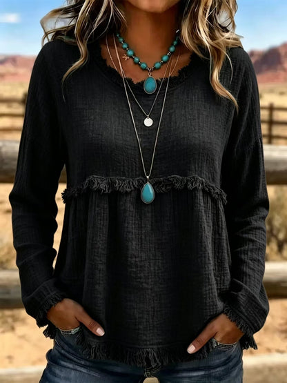 Boho Fringe Textured Long Sleeve Blouse