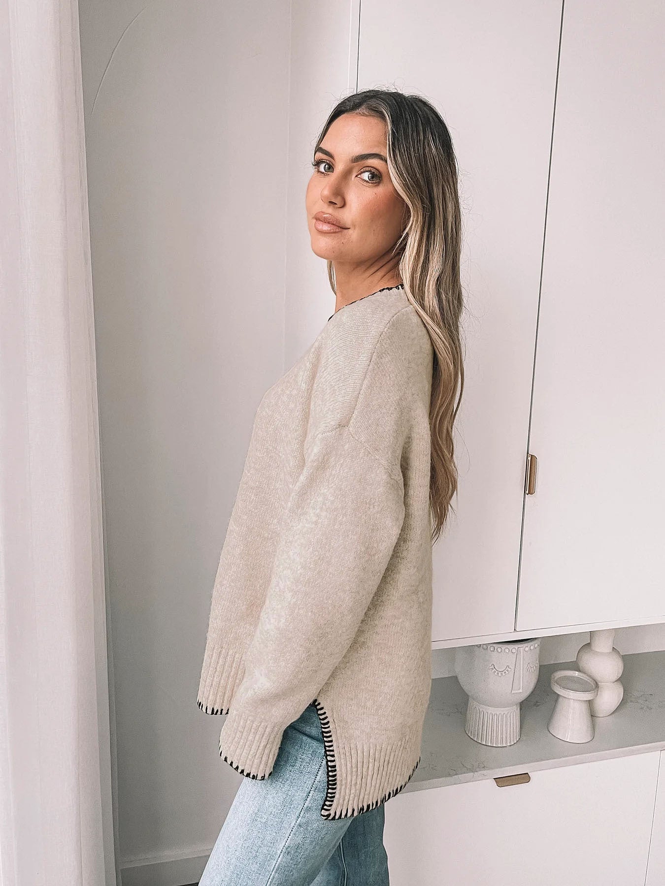 Khaki Contrast Trim Knit Sweater Crew Neck Casual Pullover