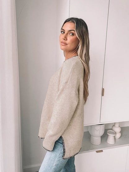 Khaki Contrast Trim Knit Sweater Crew Neck Casual Pullover