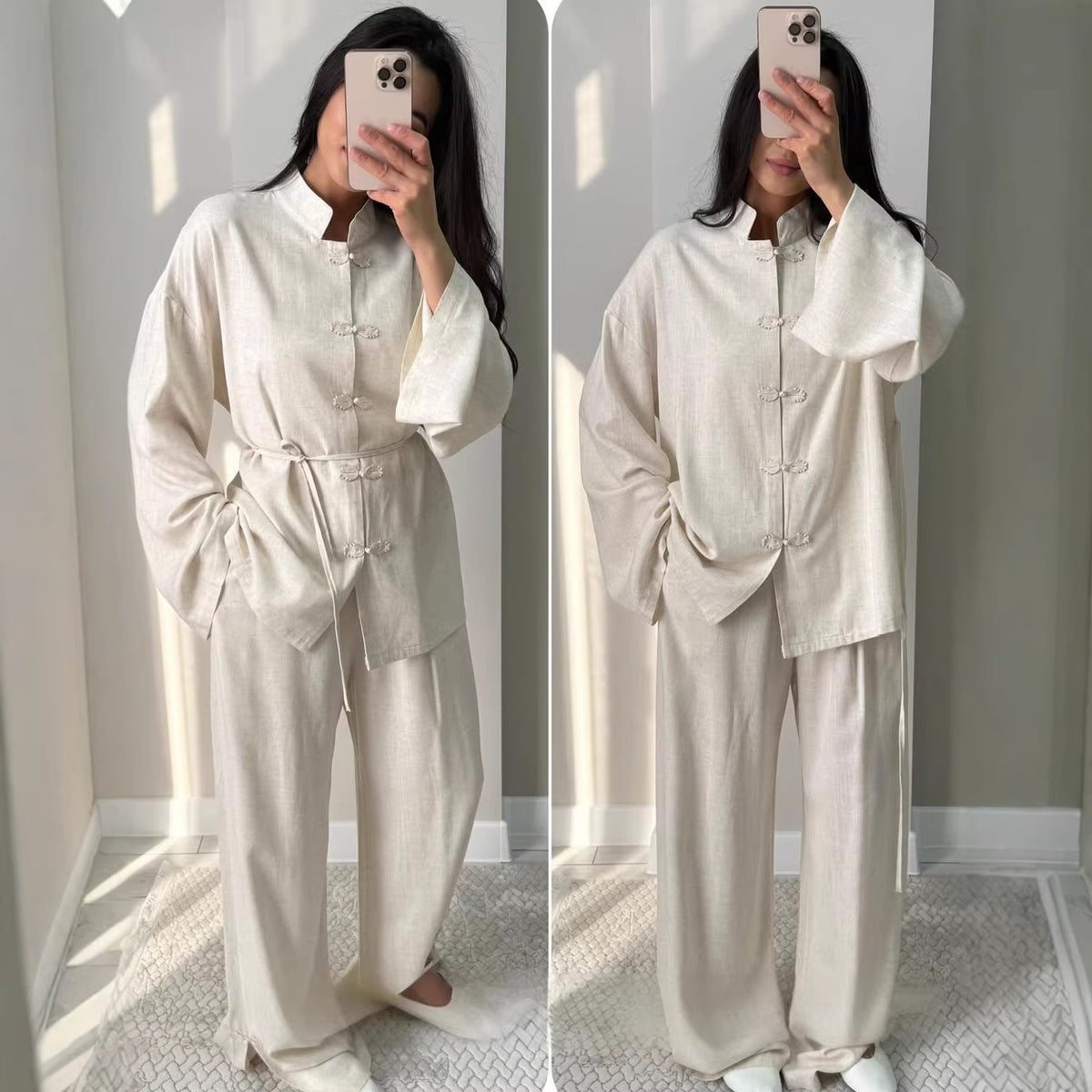 Women Cotton Linen Shirt Wide Leg Pants Set Mandarin Collar