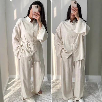 Women Cotton Linen Shirt Wide Leg Pants Set Mandarin Collar