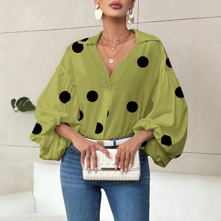 Women's Polka Dot V-Neck Puff Sleeve Loose Blouse