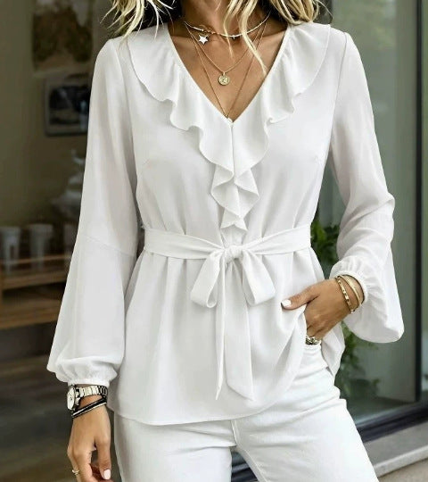 Ruffle V-Neck Tie Waist Lantern Sleeve Blouse