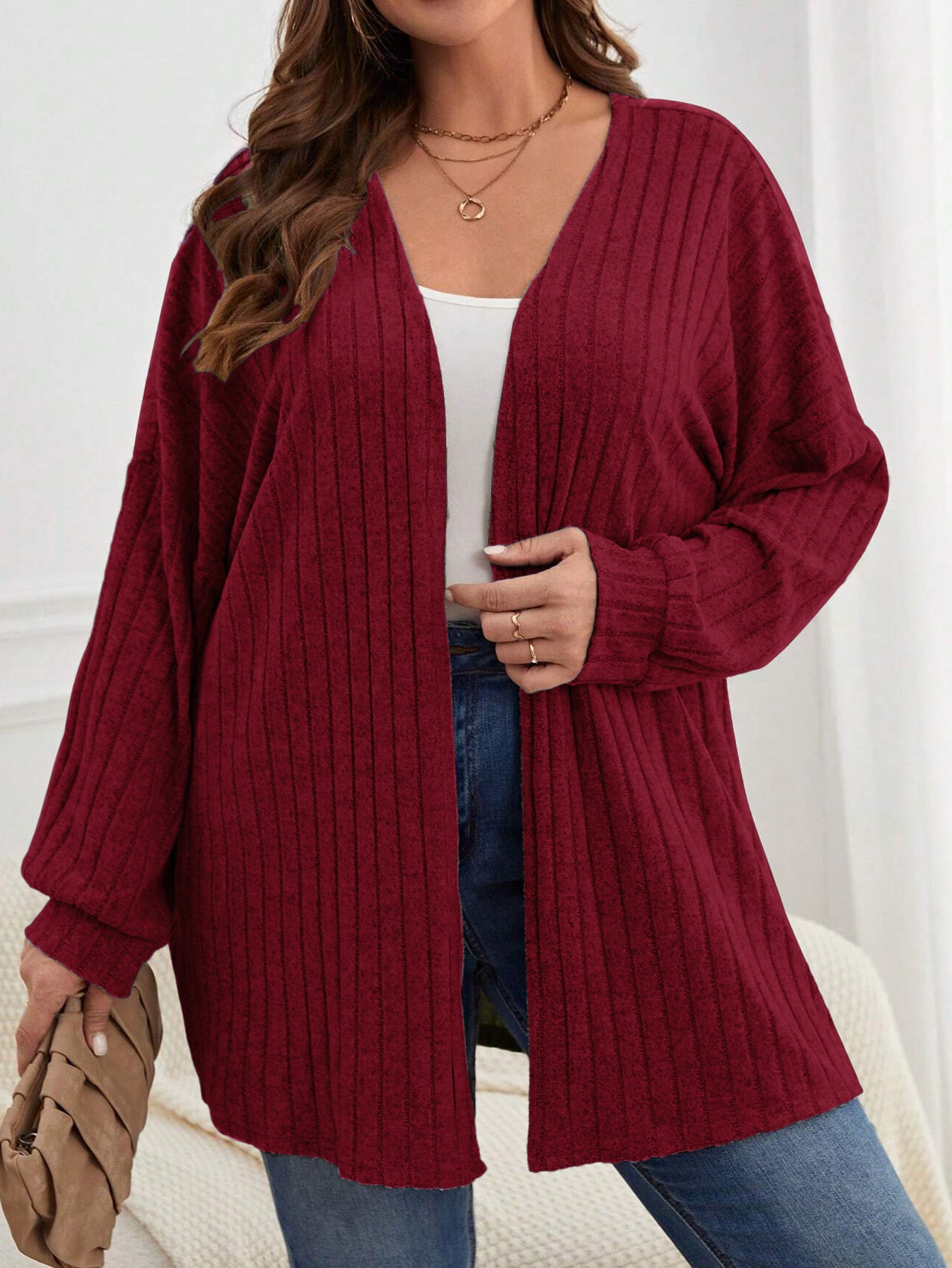 Women's Open Front Ribbed Knit Long Sleeve Cardigan