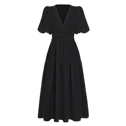 V-Neck Bubble Sleeve Holiday Dress American Fashion