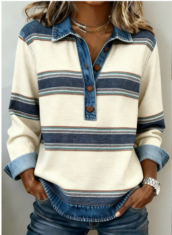 Women's Striped Waffle Knit Denim Collar Long Sleeve Top