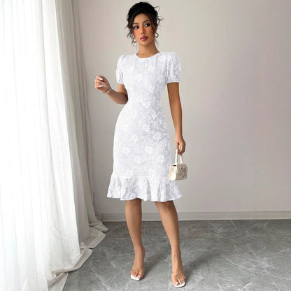 Short Sleeve Round Neck Slim Fit Office Dress