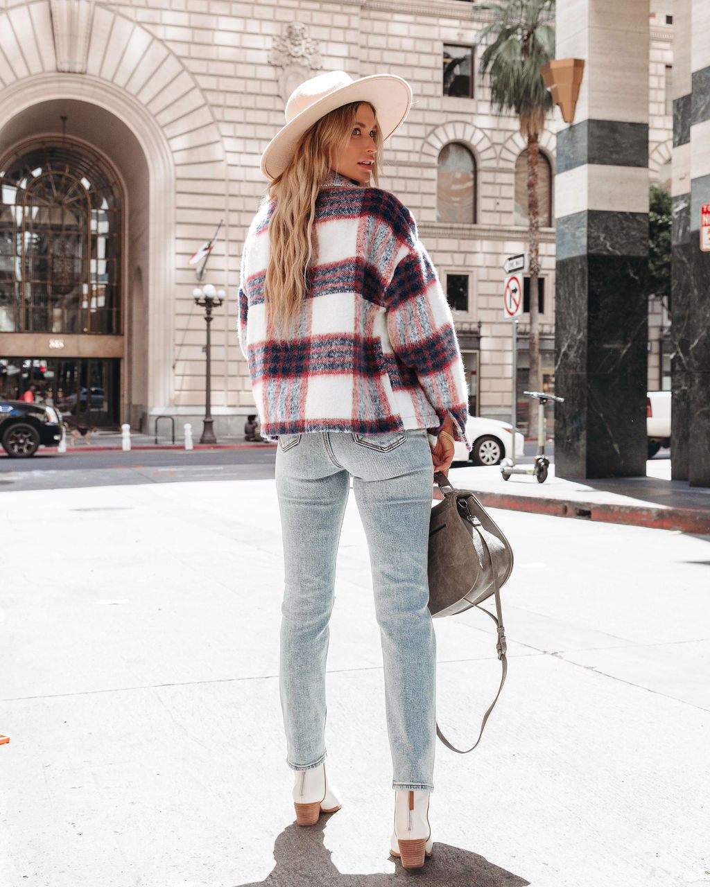 Plaid Button-Up Cropped Wool Blend Jacket with Pockets