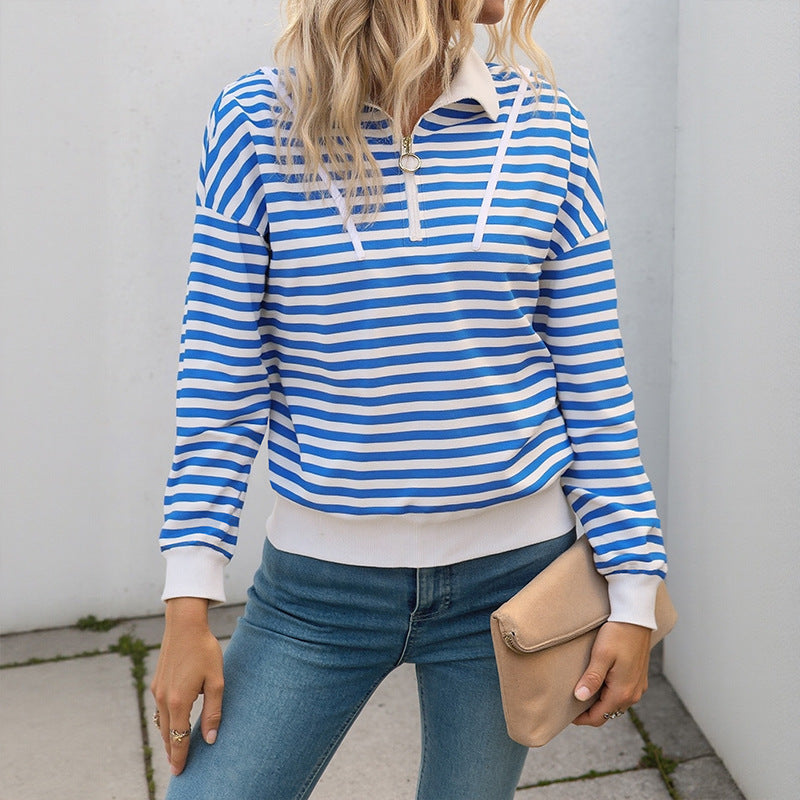 Striped Quarter Zip Collared Sweatshirt Casual Pullover Top