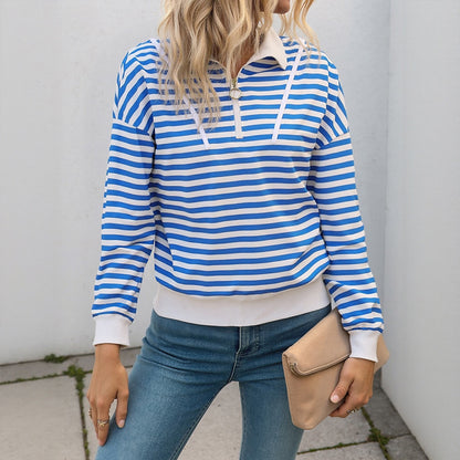 Striped Quarter Zip Collared Sweatshirt Casual Pullover Top