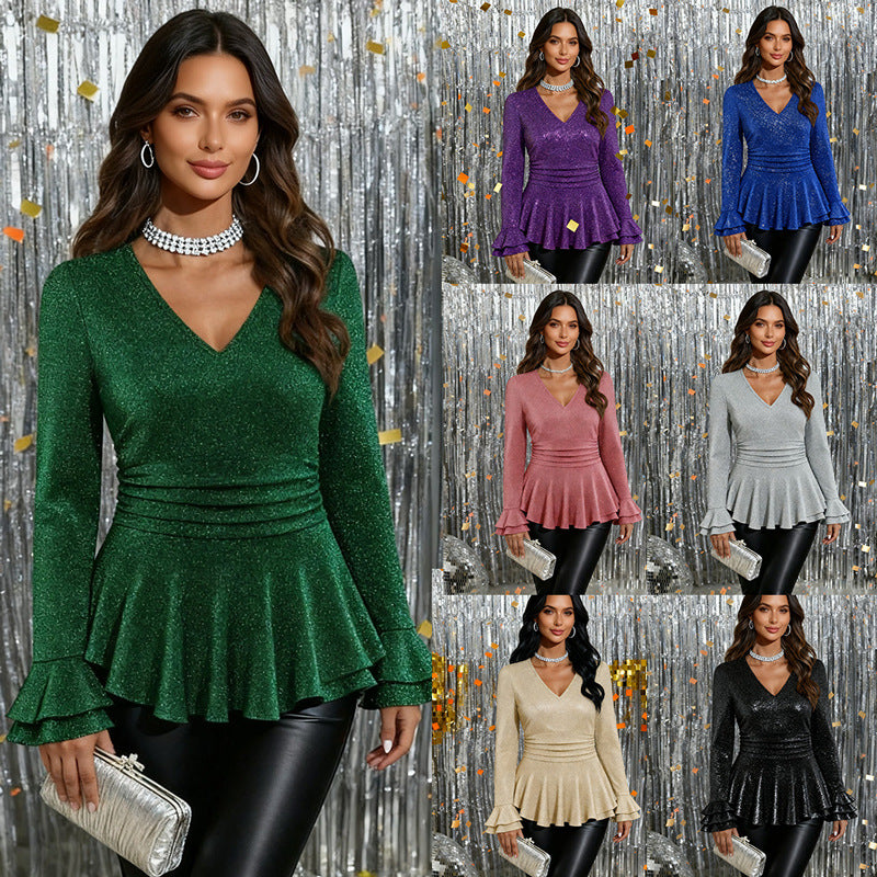 Glitter V-Neck Peplum Top Long Sleeve Ruffle Blouse