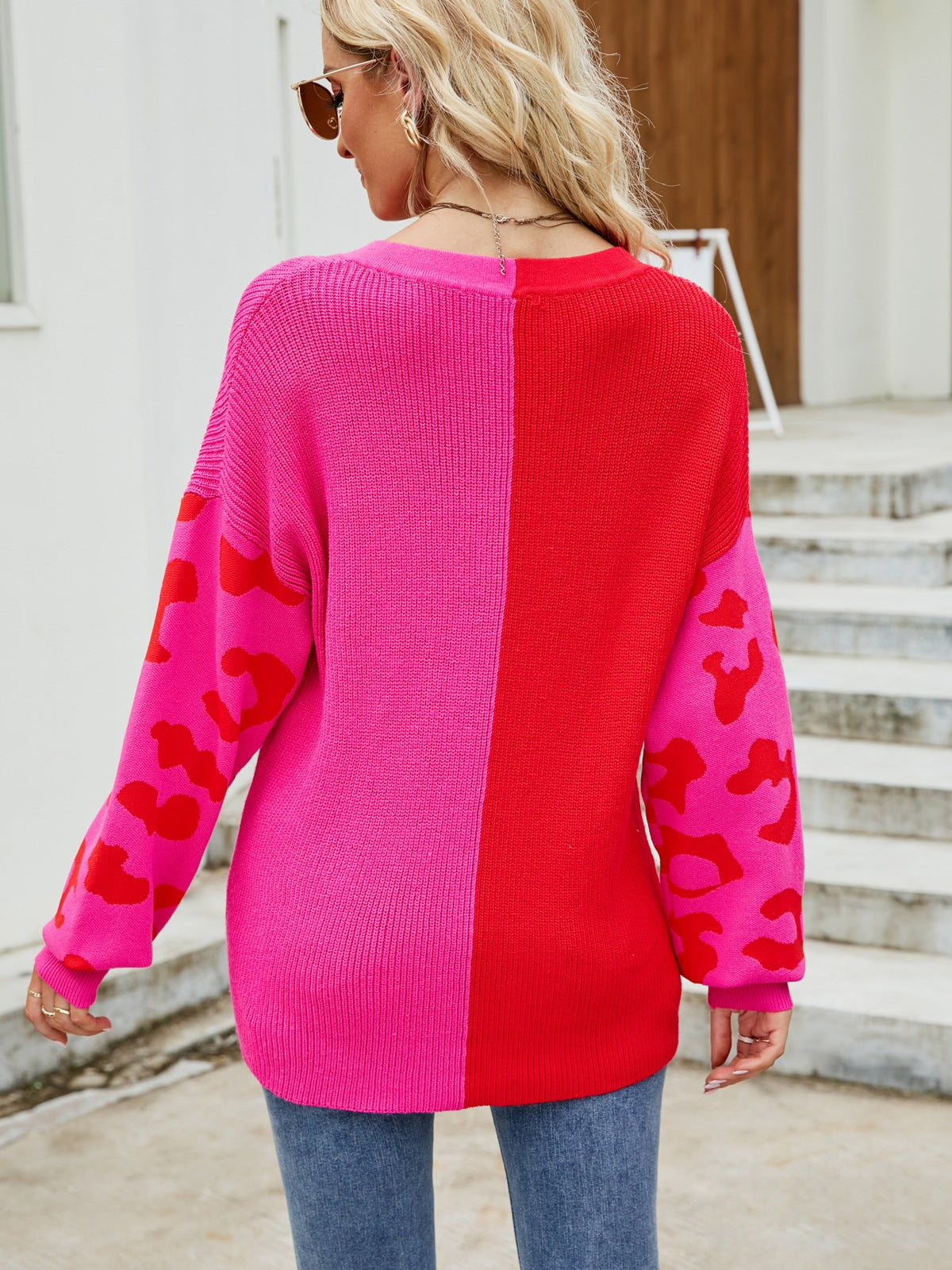 Fall Winter Women’s Color Block Leopard Sleeve V-Neck Sweater