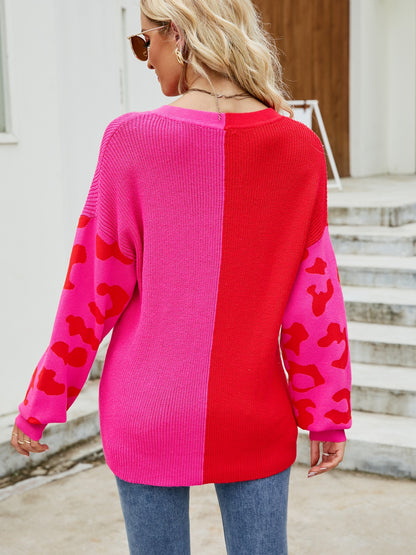 Fall Winter Women’s Color Block Leopard Sleeve V-Neck Sweater