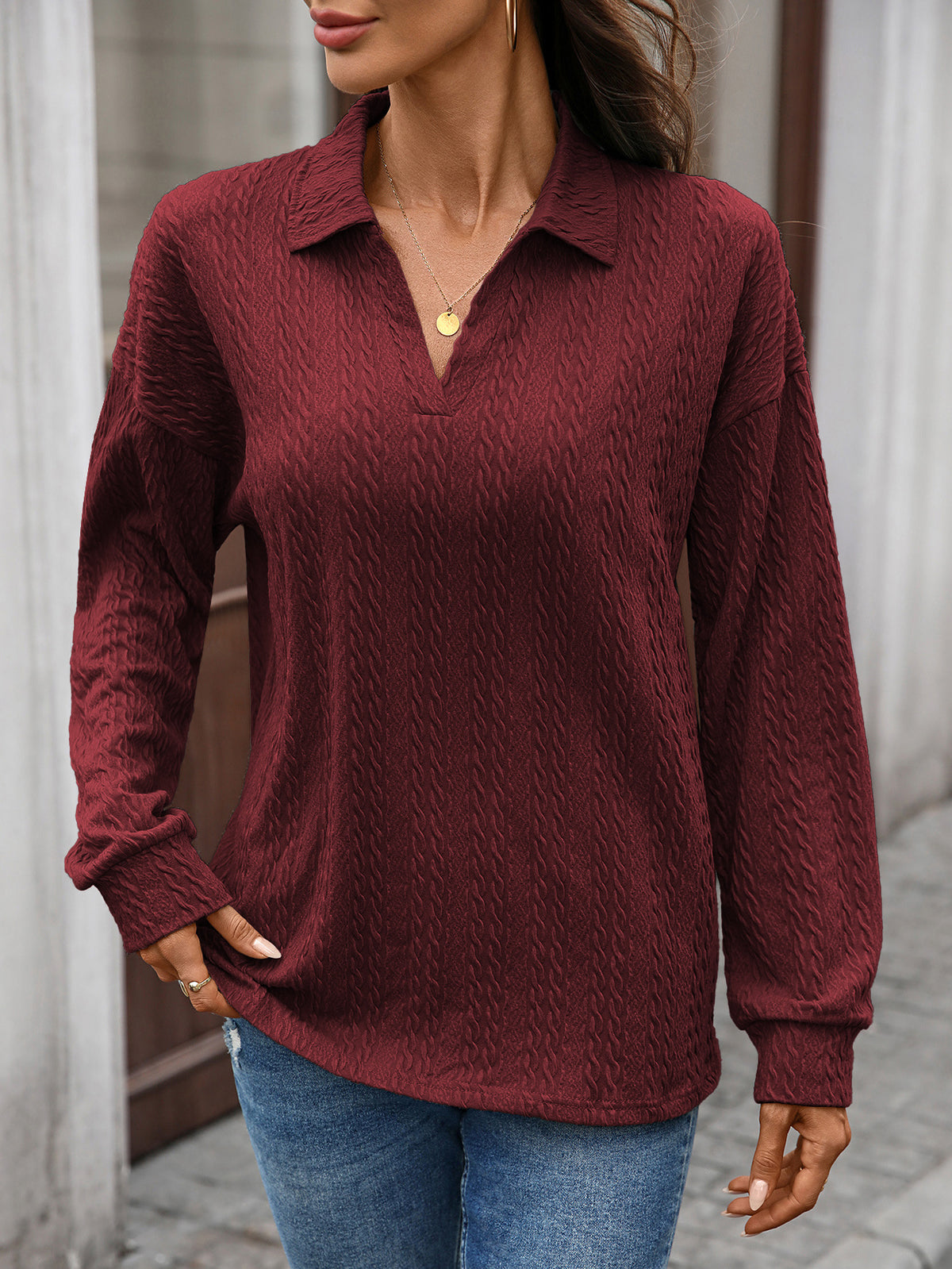 Women's Textured Collared Sweatshirt Long Sleeve Pullover