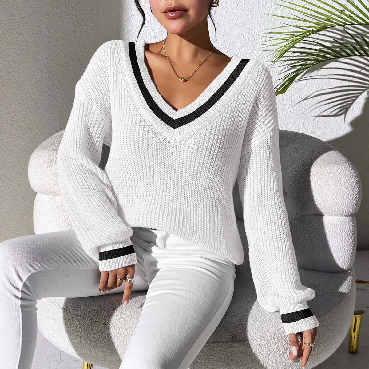 Women's Preppy Color Block V-Neck Sweater