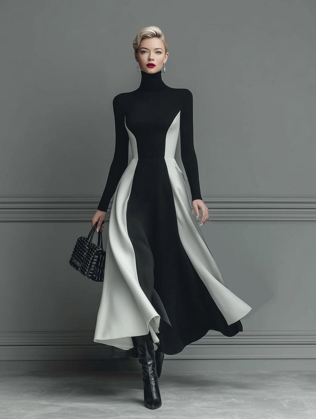 Color Block Turtleneck Long Sleeve Knit Maxi Dress