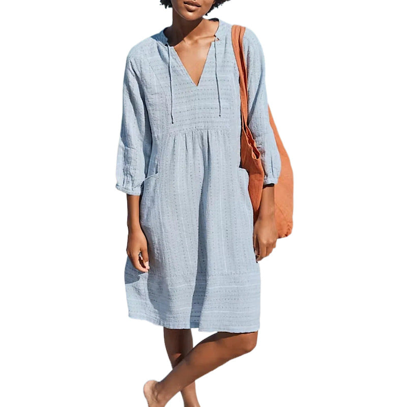 Women's Cotton V-Neck Loose Midi Dress Pockets
