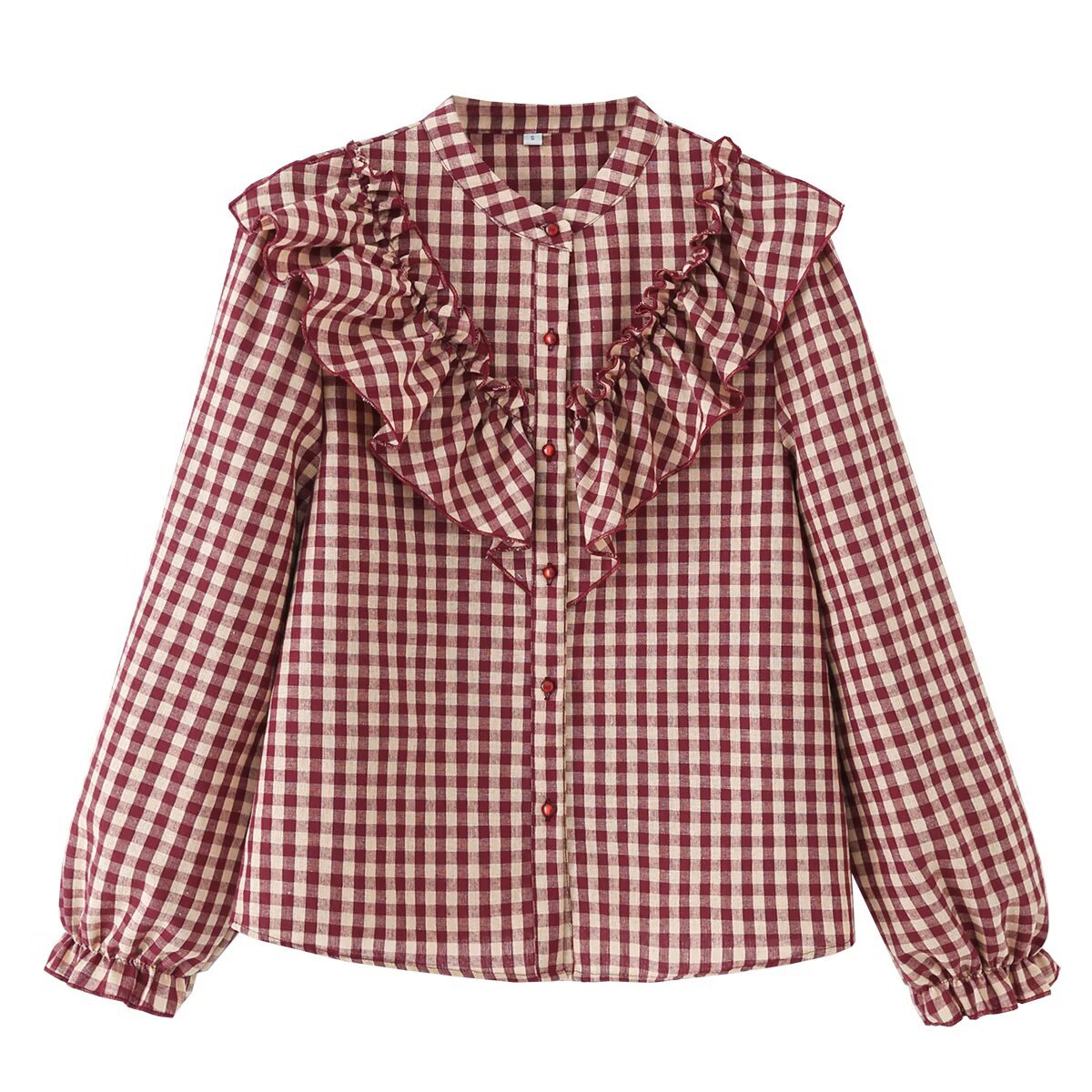 Vintage Gingham Ruffle Cotton Blouse Balloon Sleeve
