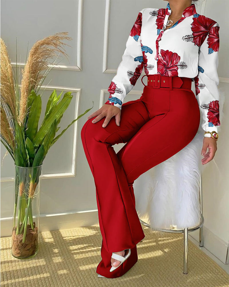 Women's Belted Floral Shirt & Pants Set
