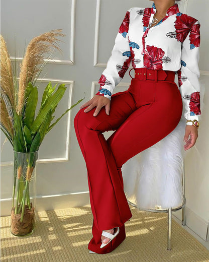 Women's Belted Floral Shirt & Pants Set