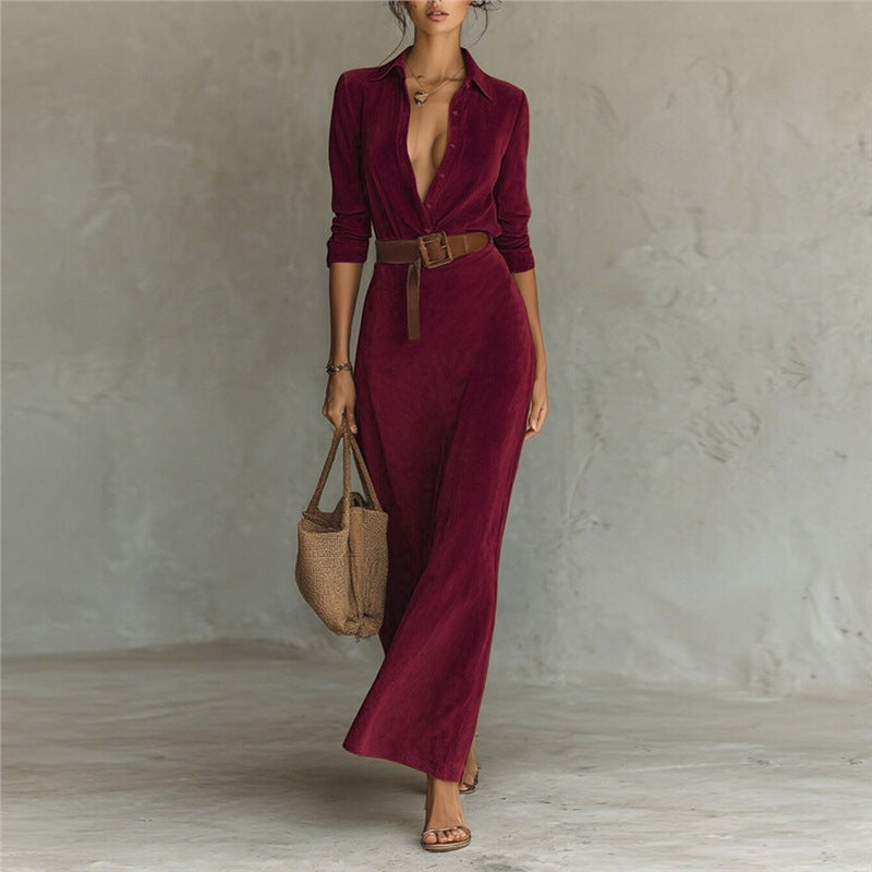 Faux Suede Belted Maxi Shirt Dress Long Sleeve