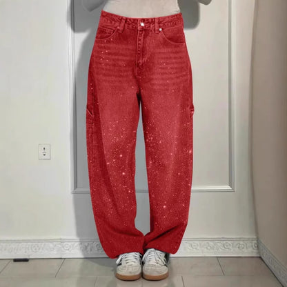 Women's Rhinestone High Waist Straight Leg Jeans
