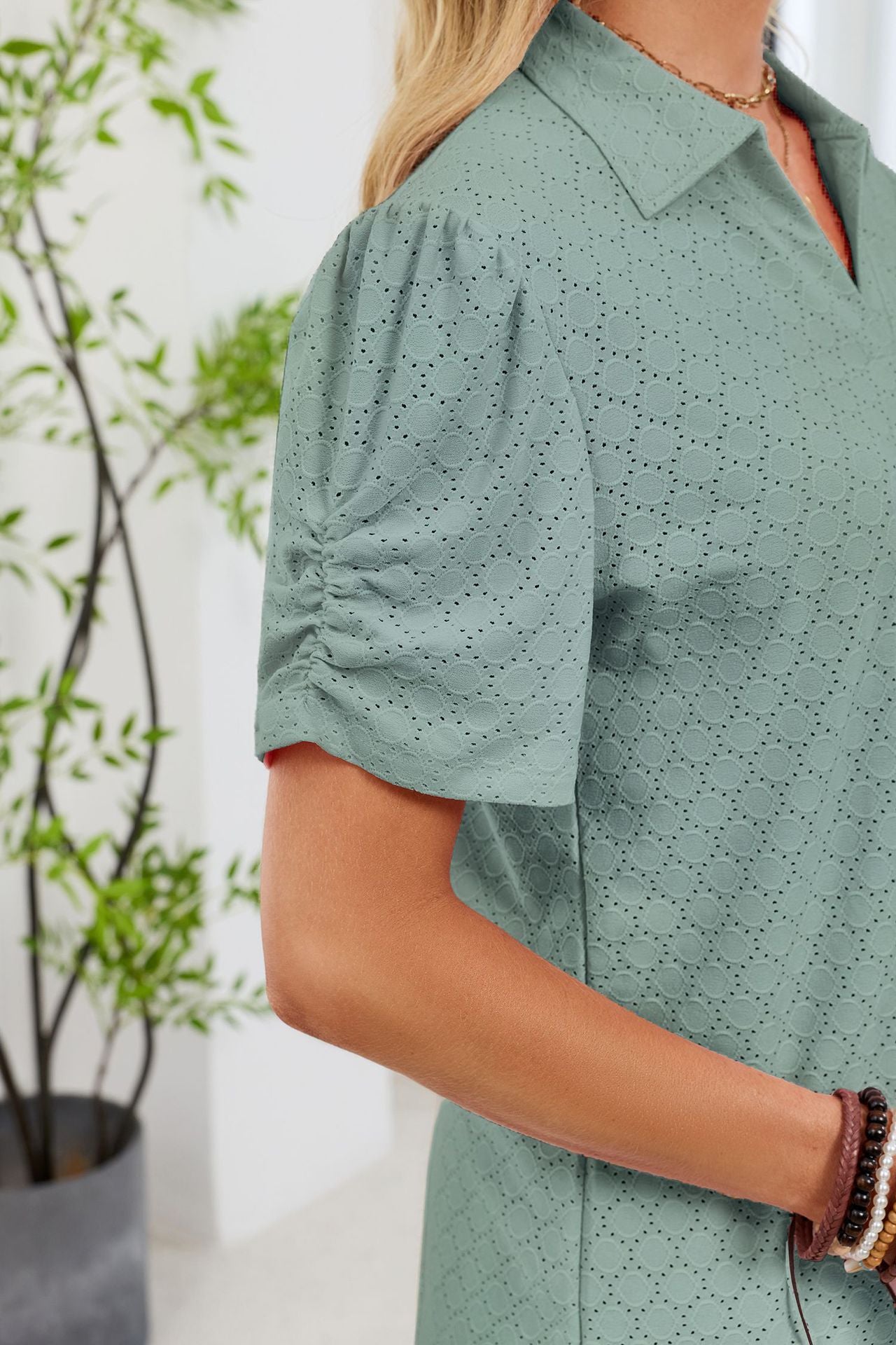 Women's V-Neck Puff Sleeve Polo Shirt Loose Casual Summer Top