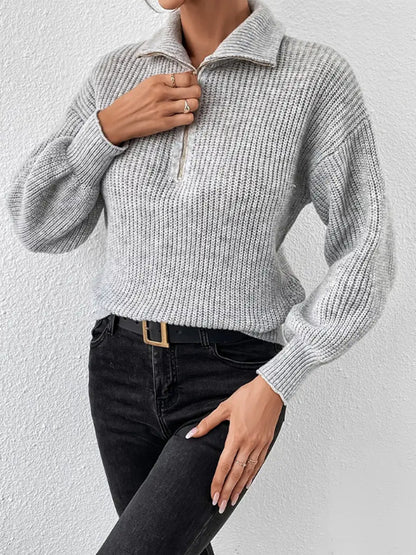 Quarter Zip Sweater Women Long Sleeve Ribbed Pullover