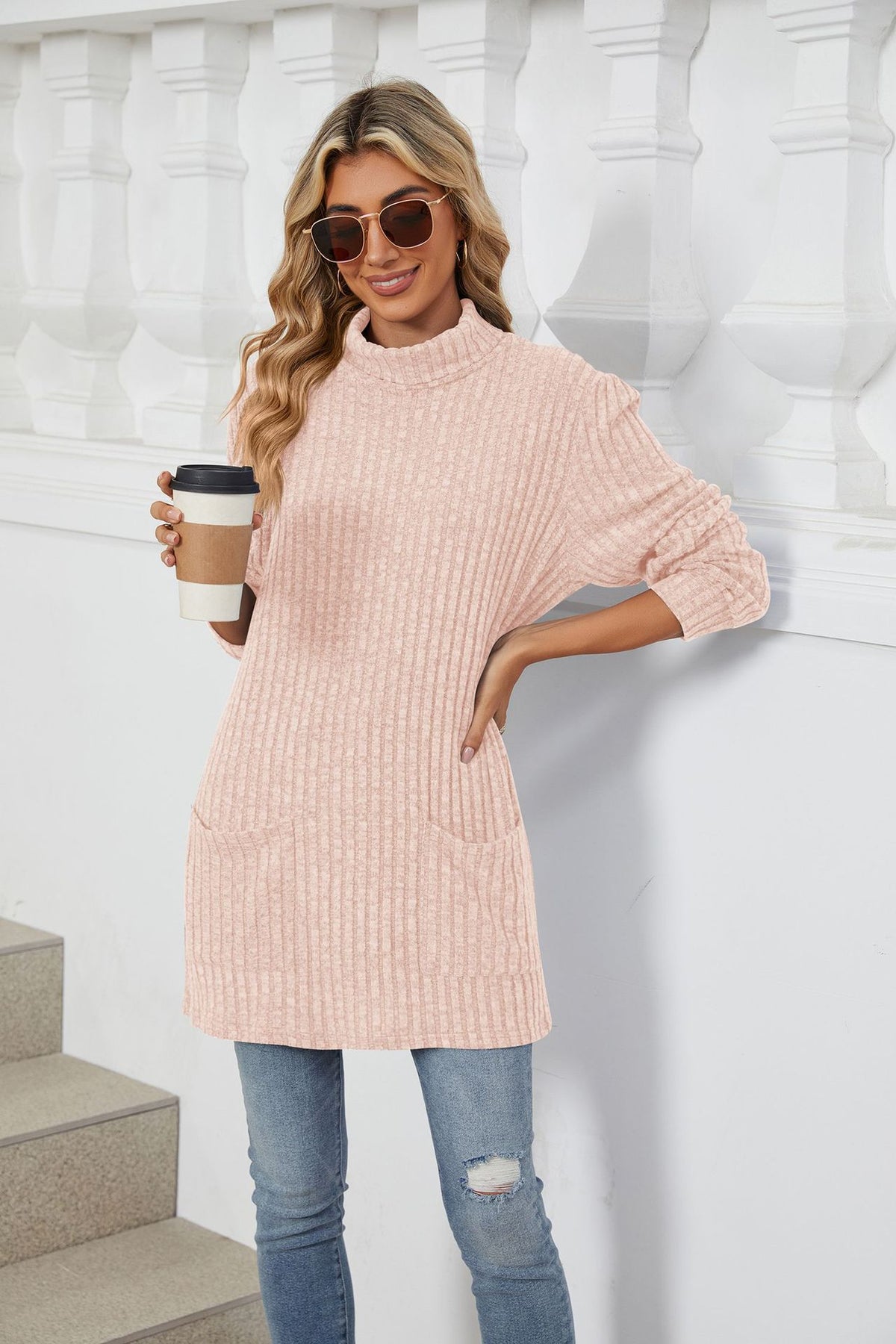 Women's Oversized Ribbed Mock Neck Tunic with Pockets