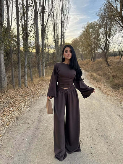 Satin Two Piece Set Ruched Top Wide Leg Pants
