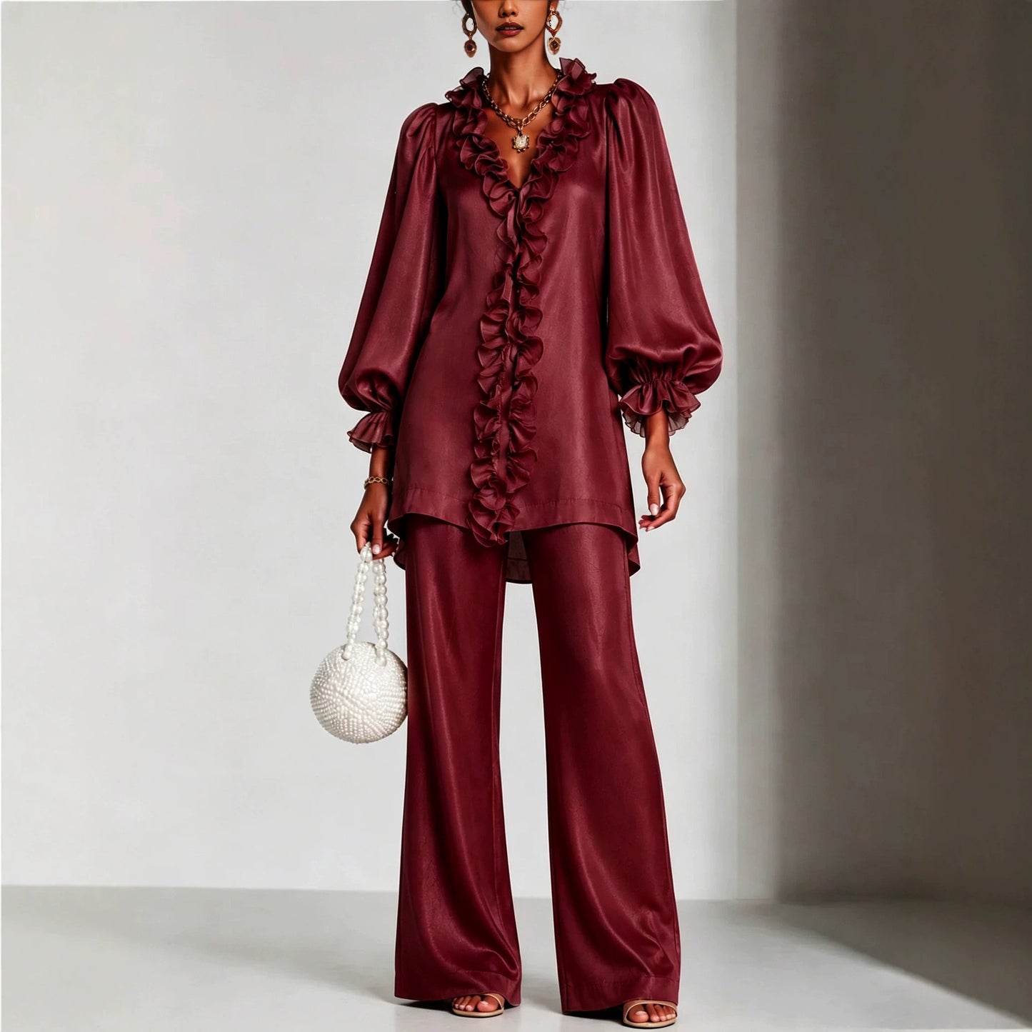 Women's Ruffle V-Neck Puff Sleeve Wide Leg Pants Set