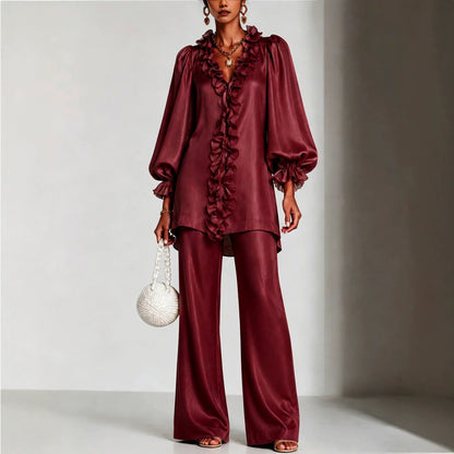 Women's Ruffle V-Neck Puff Sleeve Wide Leg Pants Set