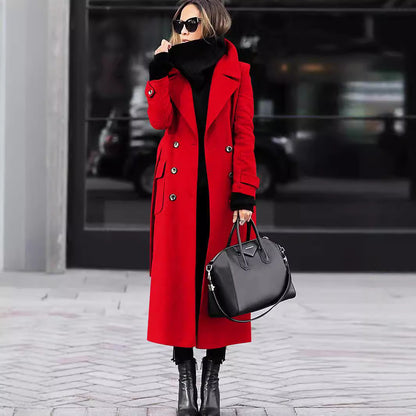 Womens Long Lapel Coat Double Breasted Winter Overcoat