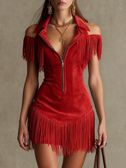 Faux Suede Fringe Mini Dress Off Shoulder Western
