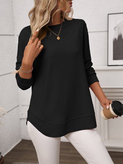 Solid waffle knit tunic top layered curved hem